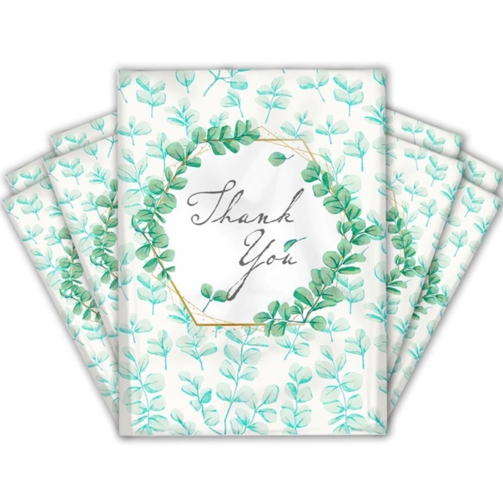 25 10X13 Poly Mailers Green Laurel Thank You Flat Shipping Envelopes - Picture 2 of 12